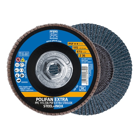 Pferd 4-1/2" x 5/8-11 Thd. POLIFAN Flap Disc - Z PSF EXTRA STEELOX, Zirconia, 36 Grit, Conical 60653